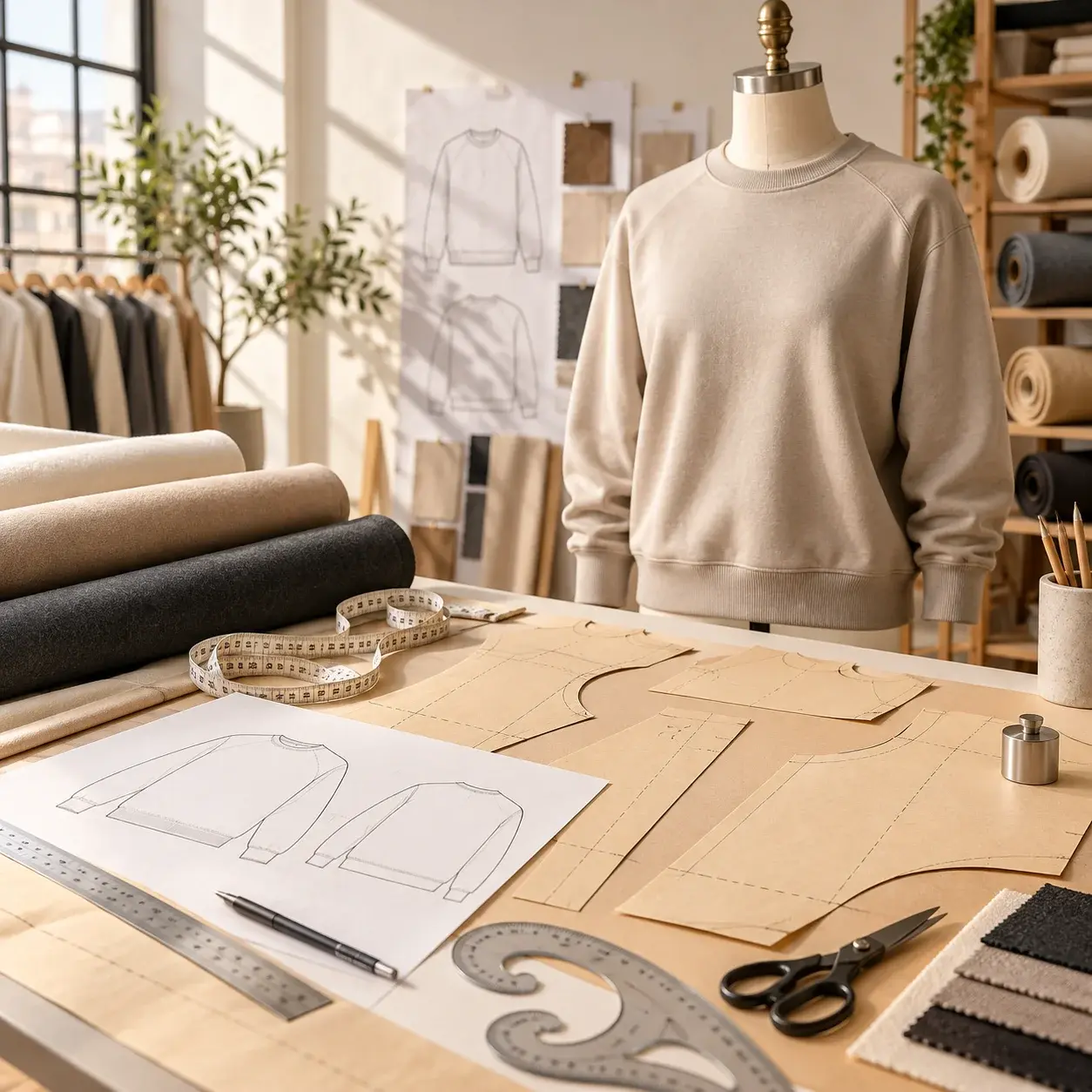 Beige crewneck sweatshirt displayed on a mannequin in a clothing design studio, surrounded by garment sketches, paper patterns, fabric rolls, measuring tape, scissors, and pattern-making tools for custom cut-and-sew manufacturing.